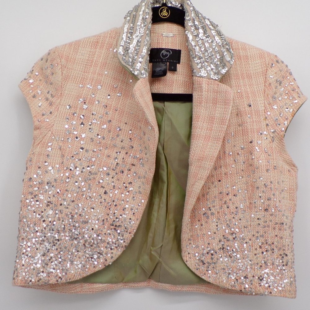 *True Meaning Cropped Cap Sleeves Pink Tweed Sliver Sequin Jacket, Sz 8